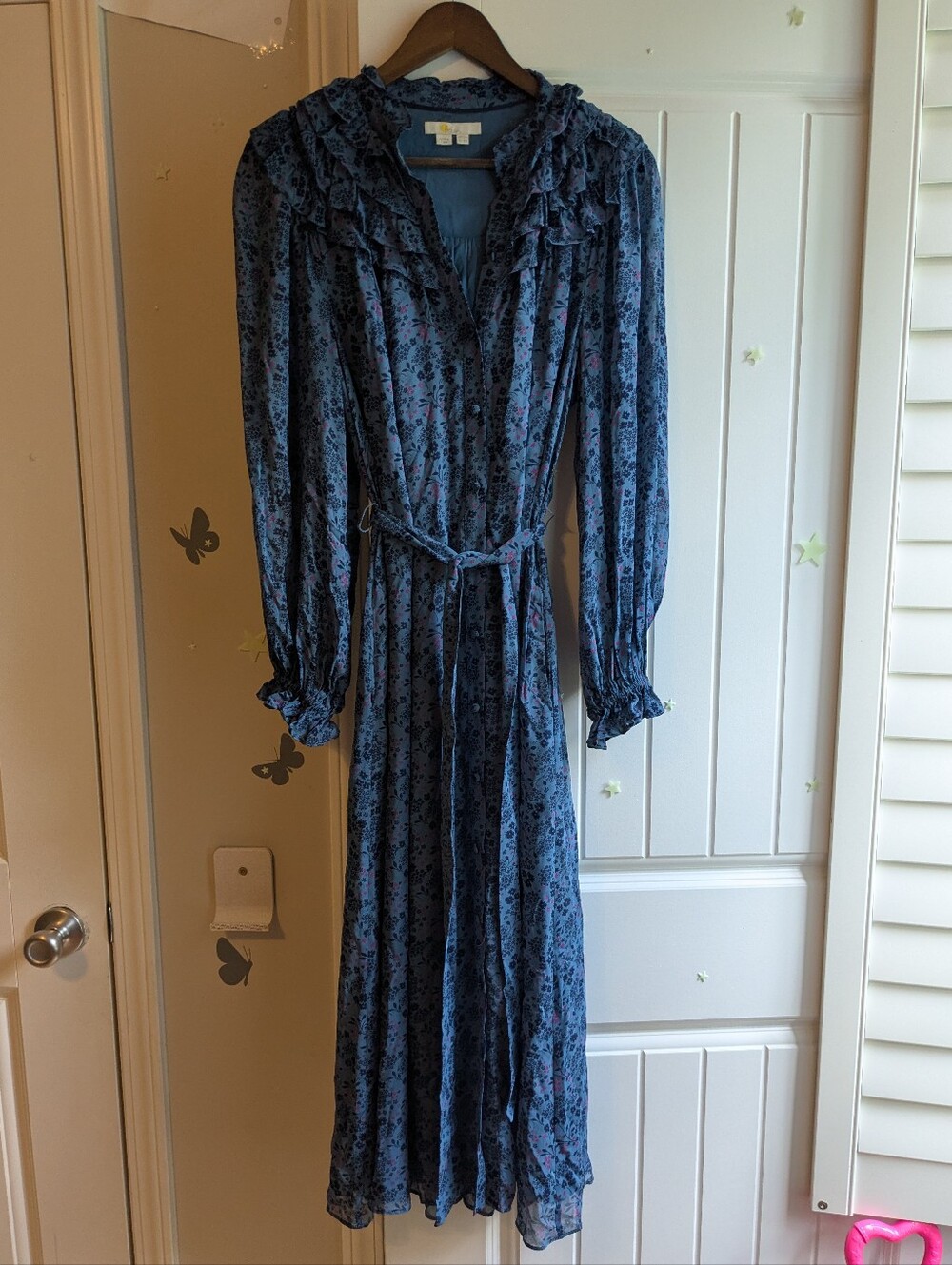 Boden Ruffle Yoke blue floral Midi Shirt Dress belted spring long sleeve 12 - Picture 6 of 6